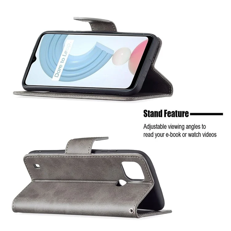 Magnetic Clasp Closure Stylish PU Leather Smartphone Wallet Stand Case [with Fingerprint Hole] for Realme C21/C20 - Grey