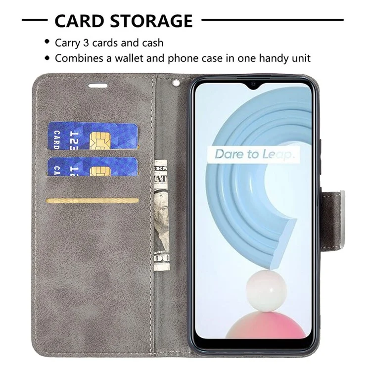 Magnetic Clasp Closure Stylish PU Leather Smartphone Wallet Stand Case [with Fingerprint Hole] for Realme C21/C20 - Grey