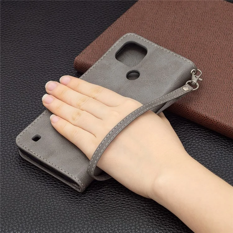 Magnetic Clasp Closure Stylish PU Leather Smartphone Wallet Stand Case [with Fingerprint Hole] for Realme C21/C20 - Grey