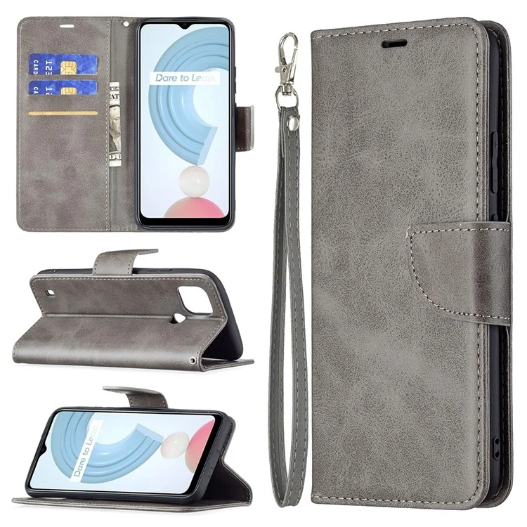 Magnetic Clasp Closure Stylish PU Leather Smartphone Wallet Stand Case [with Fingerprint Hole] for Realme C21/C20 - Grey