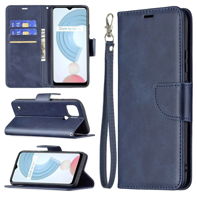 Magnetic Clasp Closure Stylish PU Leather Smartphone Wallet Stand Case [with Fingerprint Hole] for Realme C21/C20 - Blue