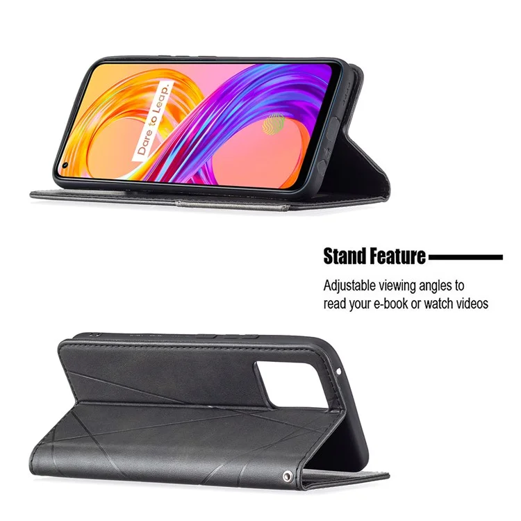 For Realme 8 / 8 Pro Rhombus-Like Imprinting Drop-Proof Leather Stand Case Card Holder Shell - Black