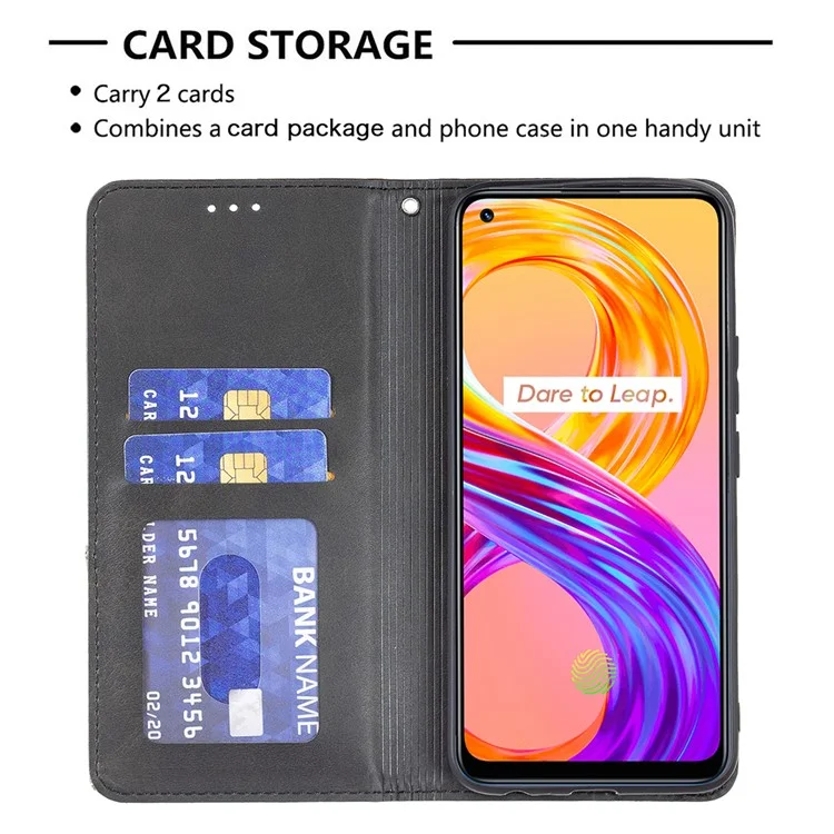 For Realme 8 / 8 Pro Rhombus-Like Imprinting Drop-Proof Leather Stand Case Card Holder Shell - Black