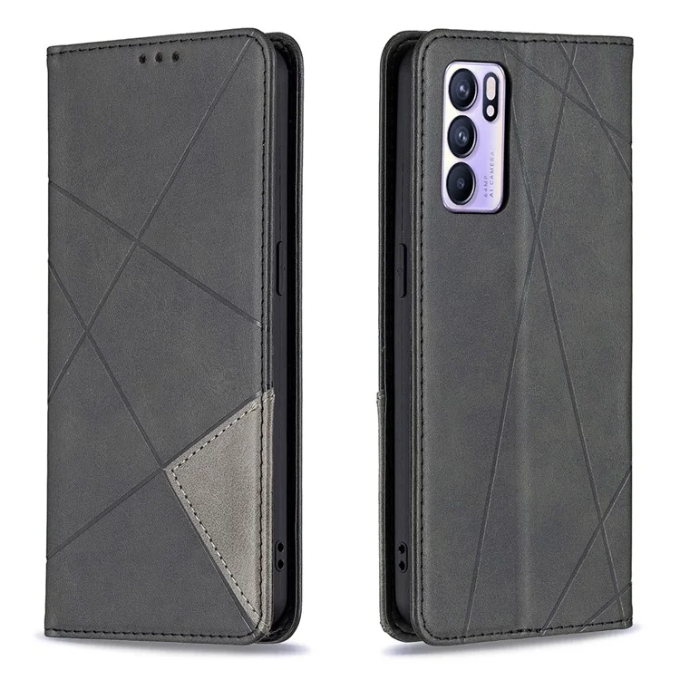 Pour Oppo Reno6 5G Rhombus-Like Imprinting Folio Flip Magnetic Leather Case Shell avec Support et Porte-Cartes - Noir