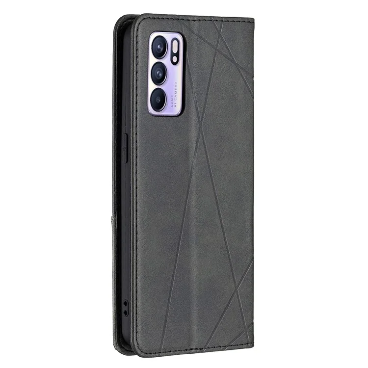 Pour Oppo Reno6 5G Rhombus-Like Imprinting Folio Flip Magnetic Leather Case Shell avec Support et Porte-Cartes - Noir