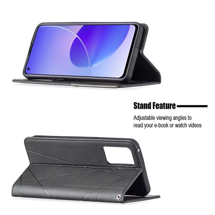 Pour Oppo Reno6 5G Rhombus-Like Imprinting Folio Flip Magnetic Leather Case Shell avec Support et Porte-Cartes - Noir