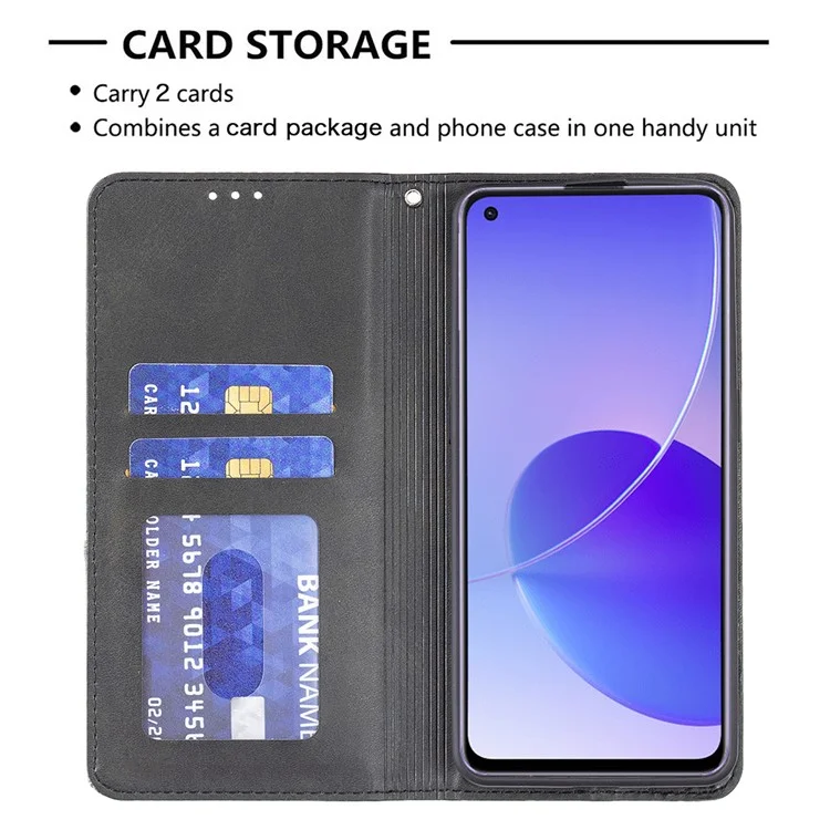 Pour Oppo Reno6 5G Rhombus-Like Imprinting Folio Flip Magnetic Leather Case Shell avec Support et Porte-Cartes - Noir