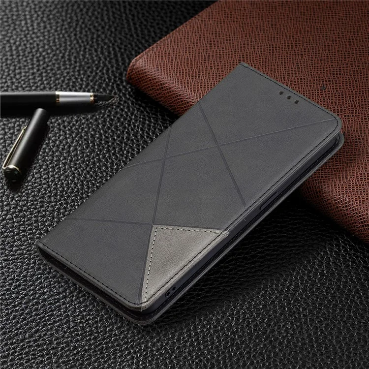 Pour Oppo Reno6 5G Rhombus-Like Imprinting Folio Flip Magnetic Leather Case Shell avec Support et Porte-Cartes - Noir