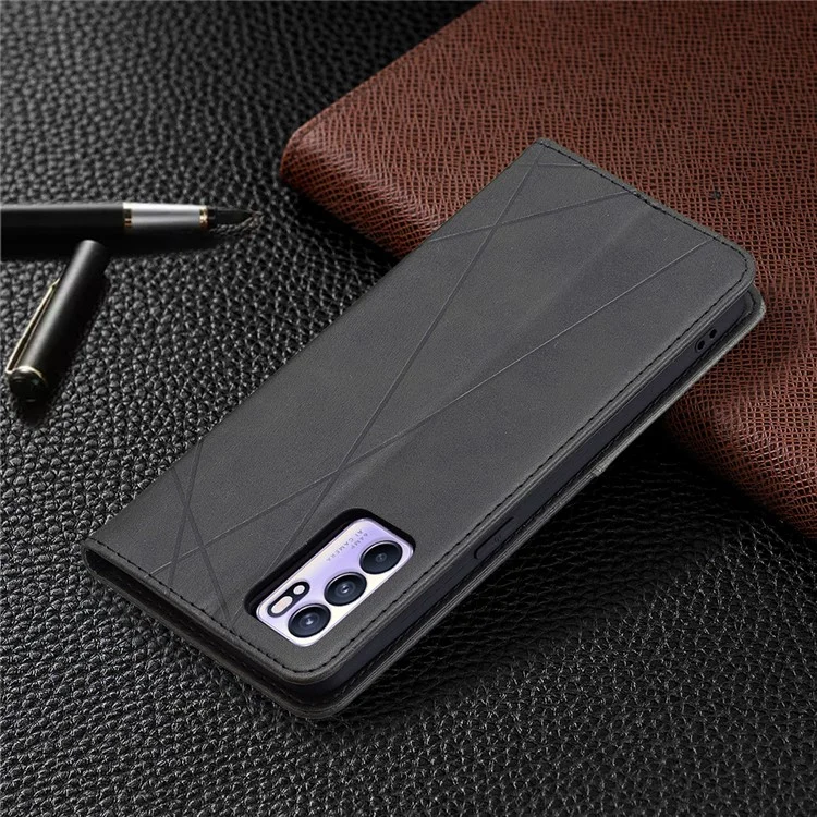 Pour Oppo Reno6 5G Rhombus-Like Imprinting Folio Flip Magnetic Leather Case Shell avec Support et Porte-Cartes - Noir