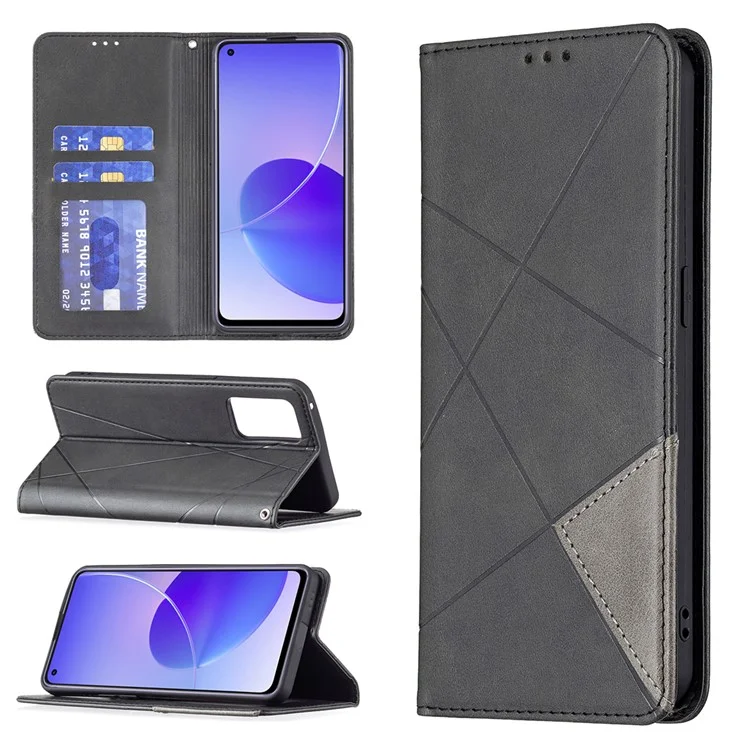 Pour Oppo Reno6 5G Rhombus-Like Imprinting Folio Flip Magnetic Leather Case Shell avec Support et Porte-Cartes - Noir