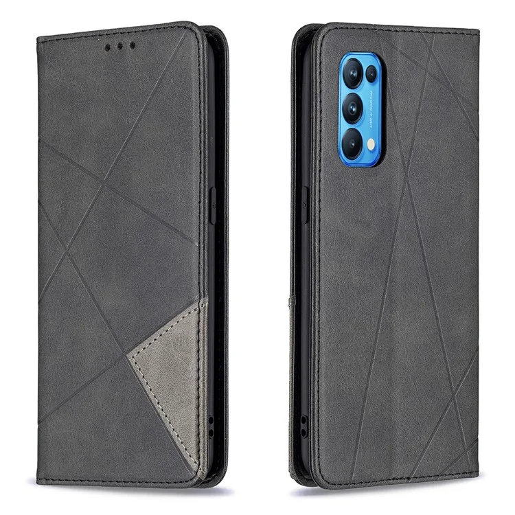 For Oppo Reno5 4G / Reno5 5G / Reno5 K / Find X3 Lite Rhombus-Like Imprinting Leather Stand Case Shell with Card Holder Design - Black