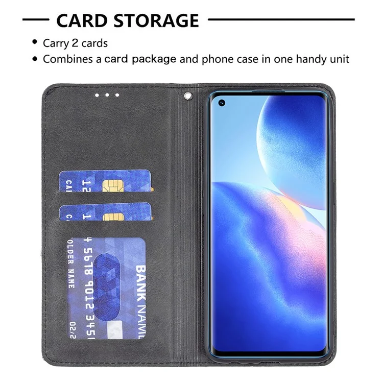 For Oppo Reno5 4G / Reno5 5G / Reno5 K / Find X3 Lite Rhombus-Like Imprinting Leather Stand Case Shell with Card Holder Design - Black