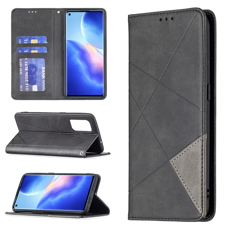 For Oppo Reno5 4G / Reno5 5G / Reno5 K / Find X3 Lite Rhombus-Like Imprinting Leather Stand Case Shell with Card Holder Design - Black