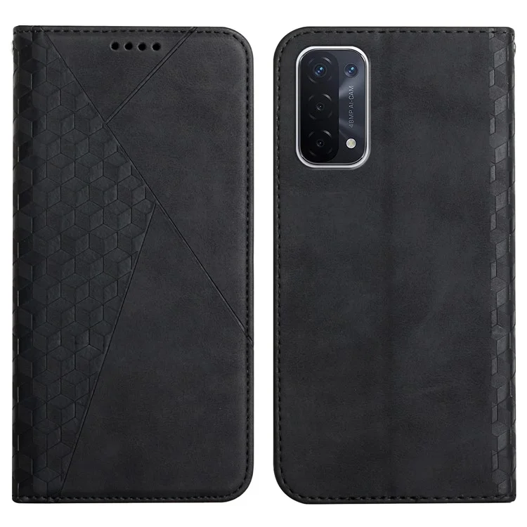 Skin-touch Feel Fall Prevention Geometric Pattern Auto-absorbed Leather Case with Stand Wallet for Oppo A54 5G/A74 5G/A93 5G - Black