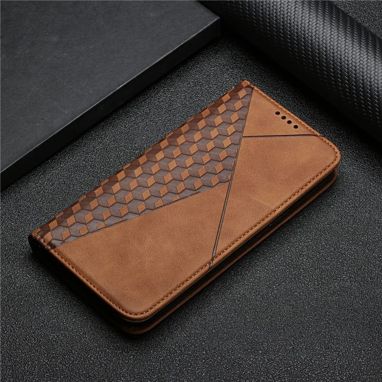 Patrón Geométrico Piel-tacto Sensación Magnético Absorción De La Billetera Funda Telefónica De Cuero Con Soporte Para OPPO A94 5G / A95 5G / F19 Pro + 5G / RENO5 Z - Marrón