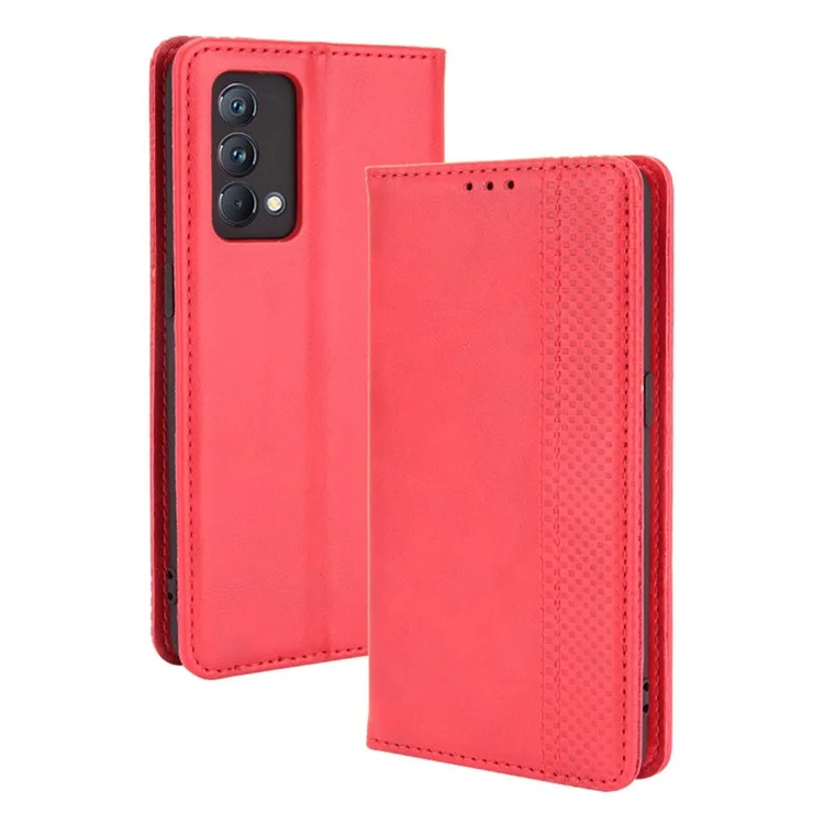 Estilo Vintage Auto-absorvido Folio Flip Couro Caso De Telefone Shell Com Carteira Suporte Para Realme GT Master - Vermelho