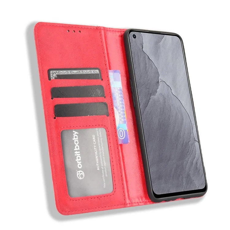 Vintage Style Auto-absorbed Folio Flip Leather Phone Case Shell with Wallet Stand for Realme GT Master - Red