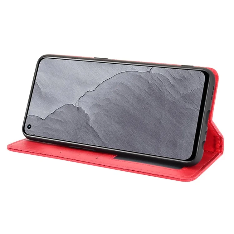 Estilo Vintage Auto-absorvido Folio Flip Couro Caso De Telefone Shell Com Carteira Suporte Para Realme GT Master - Vermelho