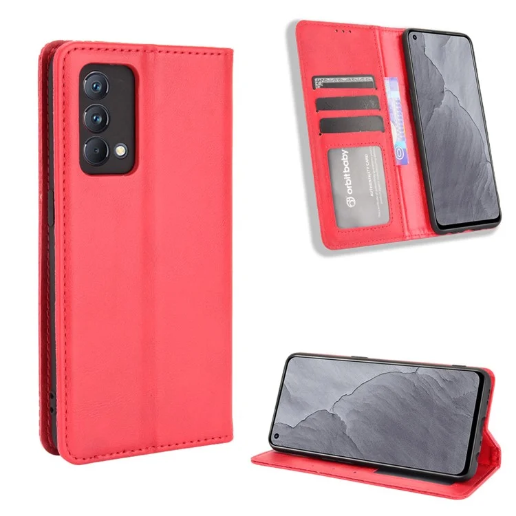 Vintage Style Auto-absorbed Folio Flip Leather Phone Case Shell with Wallet Stand for Realme GT Master - Red