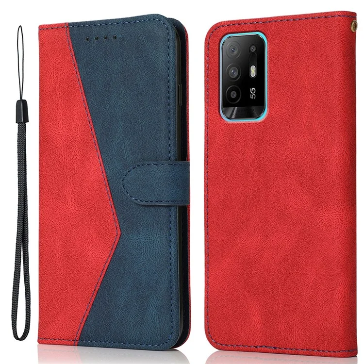 Capa de telefone de couro com carteira anti-queda e anti-arranhões em duas cores com alça para Oppo A94 5G/A95 5G/F19 Pro+ 5G/Reno5 Z - Vermelho/Azul 