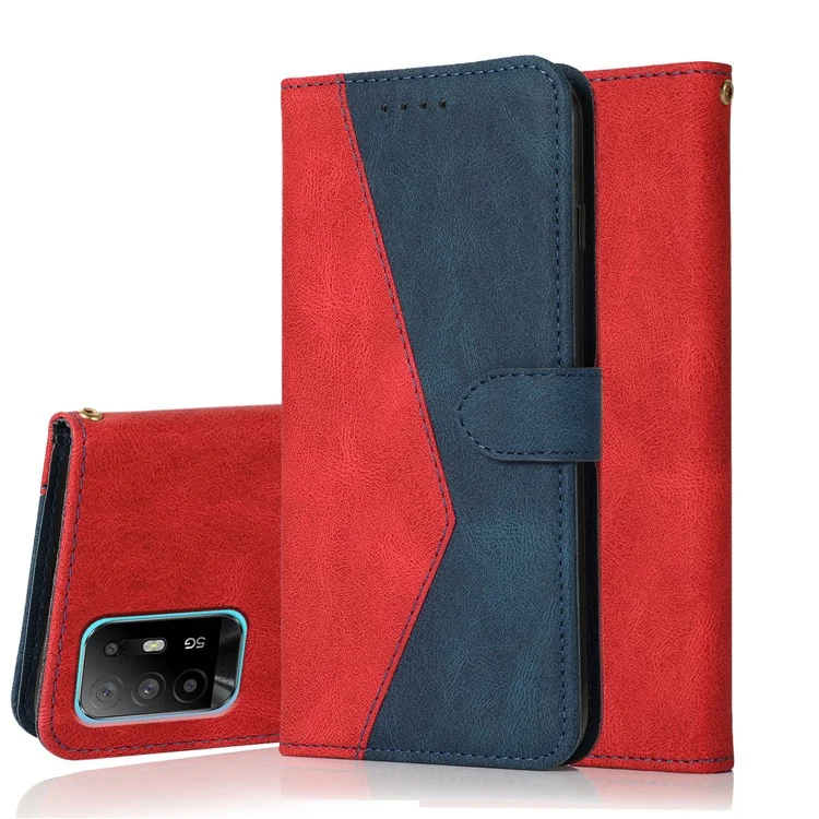 Capa de telefone de couro com carteira anti-queda e anti-arranhões em duas cores com alça para Oppo A94 5G/A95 5G/F19 Pro+ 5G/Reno5 Z - Vermelho/Azul 
