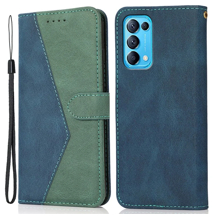 Dual-Color Splicing Stand Flip PU Leather Wallet Case with Strap for Oppo Find X3 Lite / Reno5 5G / Reno5 4G / Reno5 K - Blue/Green