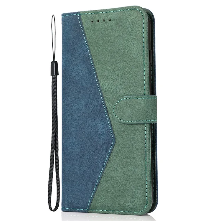 Dual-Color Splicing Stand Flip PU Leather Wallet Case with Strap for Oppo Find X3 Lite / Reno5 5G / Reno5 4G / Reno5 K - Blue/Green
