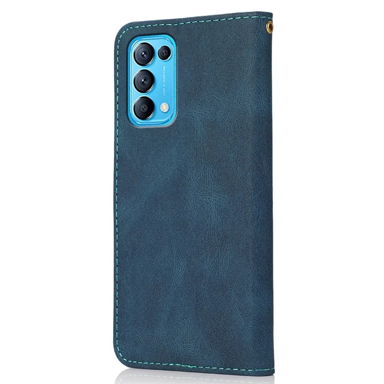 Dual-Color Splicing Stand Flip PU Leather Wallet Case with Strap for Oppo Find X3 Lite / Reno5 5G / Reno5 4G / Reno5 K - Blue/Green
