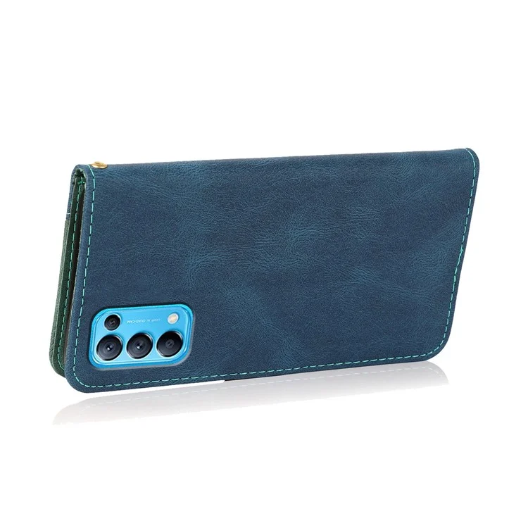 Dual-Color Splicing Stand Flip PU Leather Wallet Case with Strap for Oppo Find X3 Lite / Reno5 5G / Reno5 4G / Reno5 K - Blue/Green