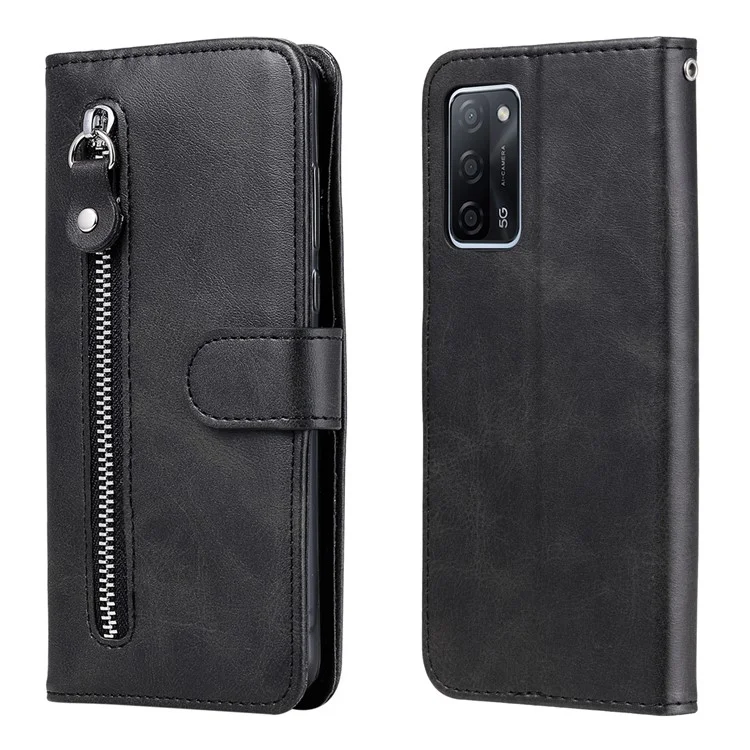 Full Protection Zipper Pocket Leather Case Mobile Phone Cover for Oppo A16/A16s/A54s/A55 5G/A54 4G - Black
