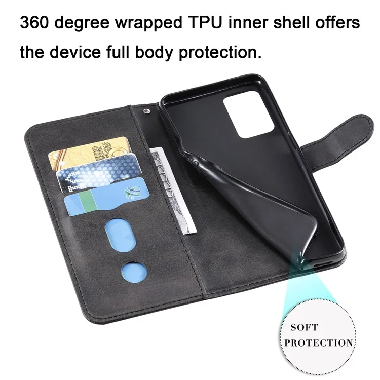Full Protection Zipper Pocket Leather Case Mobile Phone Cover for Oppo A16/A16s/A54s/A55 5G/A54 4G - Black