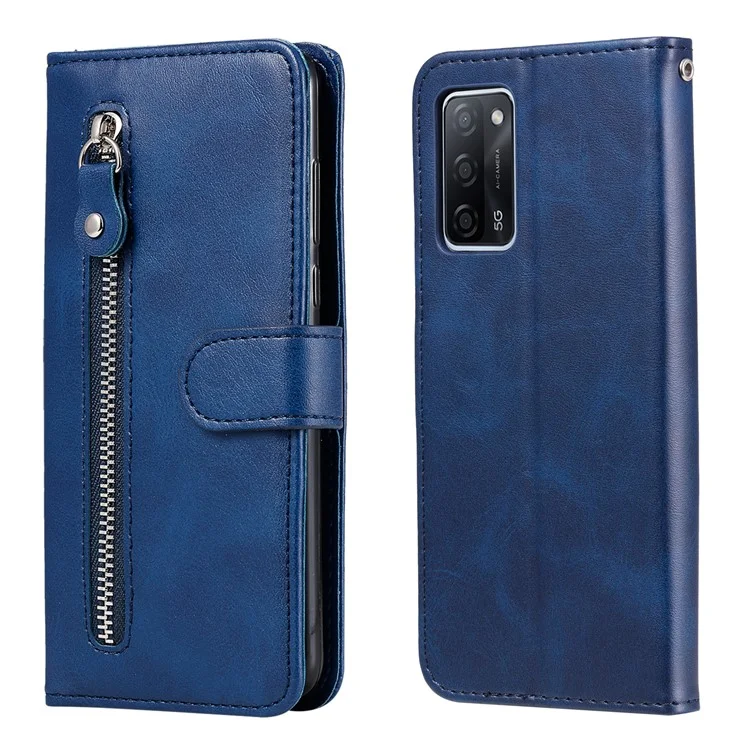 Custodia in pelle con cerniera e tasca di protezione completa per Oppo A16/A16s/A54s/A55 5G/A54 4G - Blu