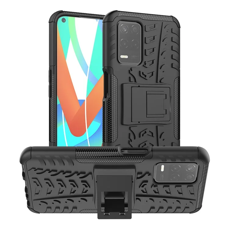 Tire Texture Dual-Layer PC + TPU Heavy Duty Rugged Case with Kickstand for Realme 8 5G/V13 5G/Narzo 30 5G - Black
