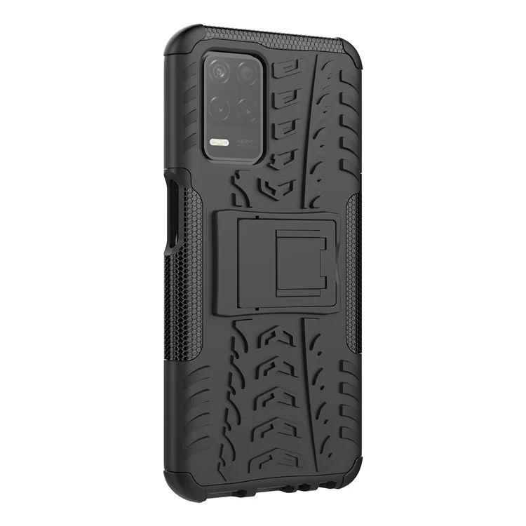 Tire Texture Dual-Layer PC + TPU Heavy Duty Rugged Case with Kickstand for Realme 8 5G/V13 5G/Narzo 30 5G - Black