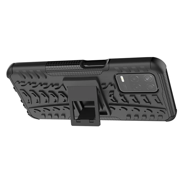 Tire Texture Dual-Layer PC + TPU Heavy Duty Rugged Case with Kickstand for Realme 8 5G/V13 5G/Narzo 30 5G - Black