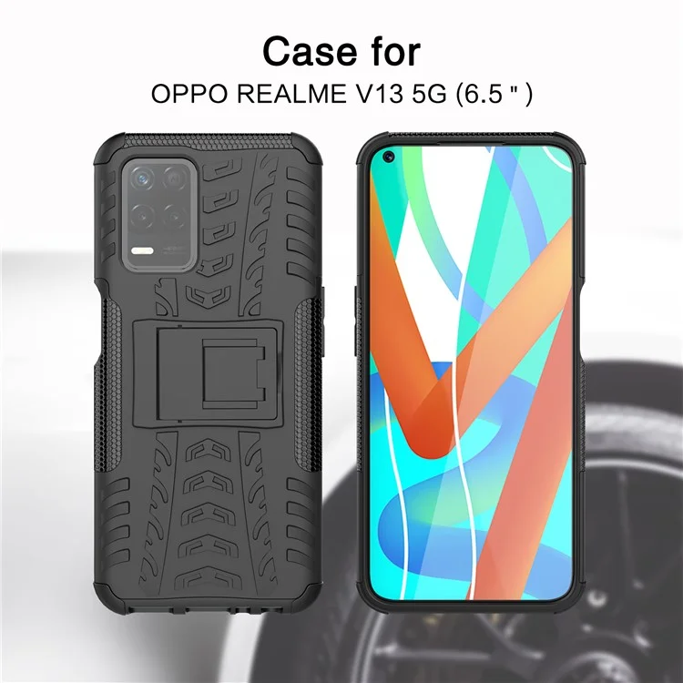 Tire Texture Dual-Layer PC + TPU Heavy Duty Rugged Case with Kickstand for Realme 8 5G/V13 5G/Narzo 30 5G - Black