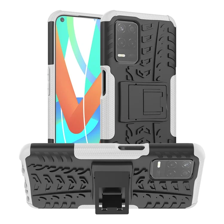 Tire Texture Dual-Layer PC + TPU Heavy Duty Rugged Case with Kickstand for Realme 8 5G/V13 5G/Narzo 30 5G - White