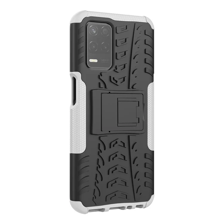 Tire Texture Dual-Layer PC + TPU Heavy Duty Rugged Case with Kickstand for Realme 8 5G/V13 5G/Narzo 30 5G - White