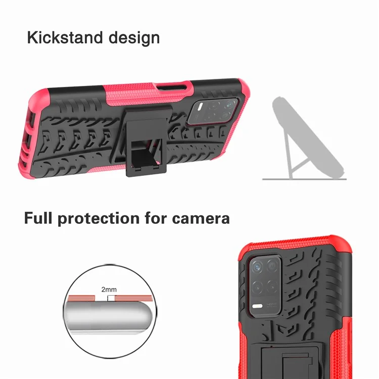 Tire Texture Dual-Layer PC + TPU Heavy Duty Rugged Case with Kickstand for Realme 8 5G/V13 5G/Narzo 30 5G - White