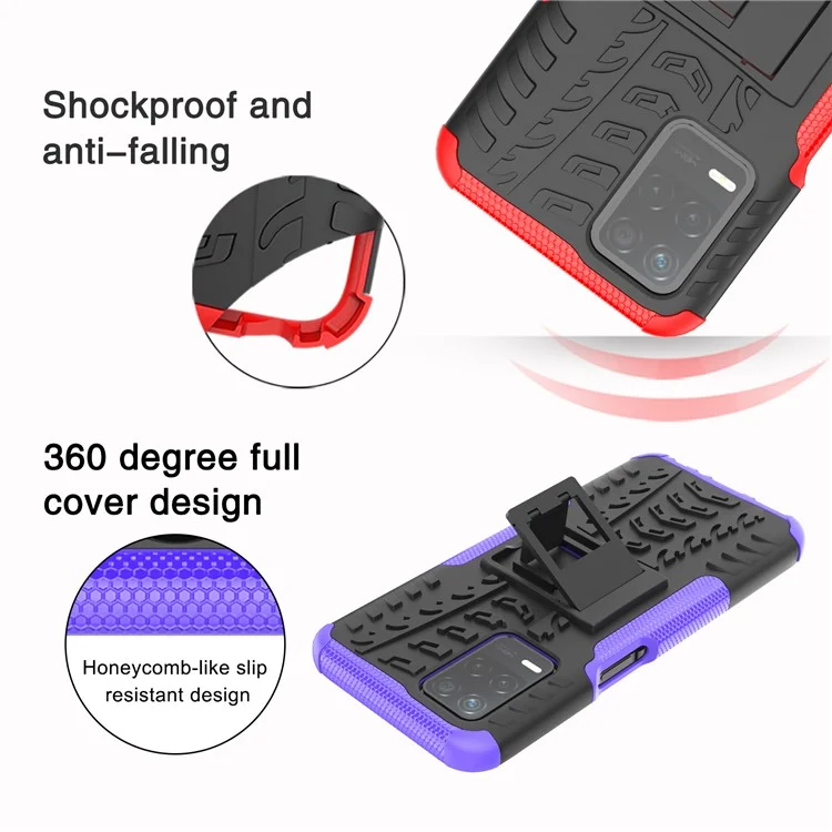 Tire Texture Dual-Layer PC + TPU Heavy Duty Rugged Case with Kickstand for Realme 8 5G/V13 5G/Narzo 30 5G - White