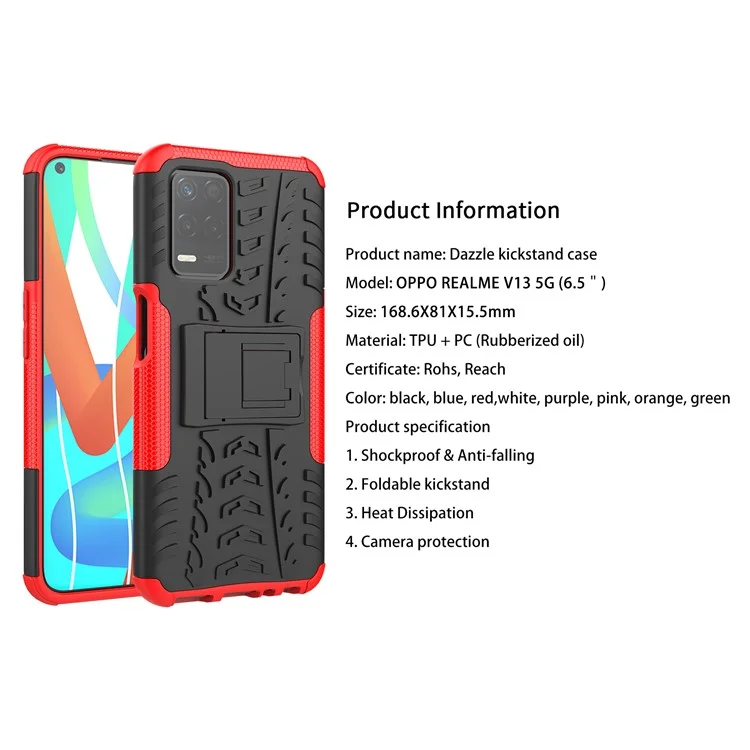 Tire Texture Dual-Layer PC + TPU Heavy Duty Rugged Case with Kickstand for Realme 8 5G/V13 5G/Narzo 30 5G - White