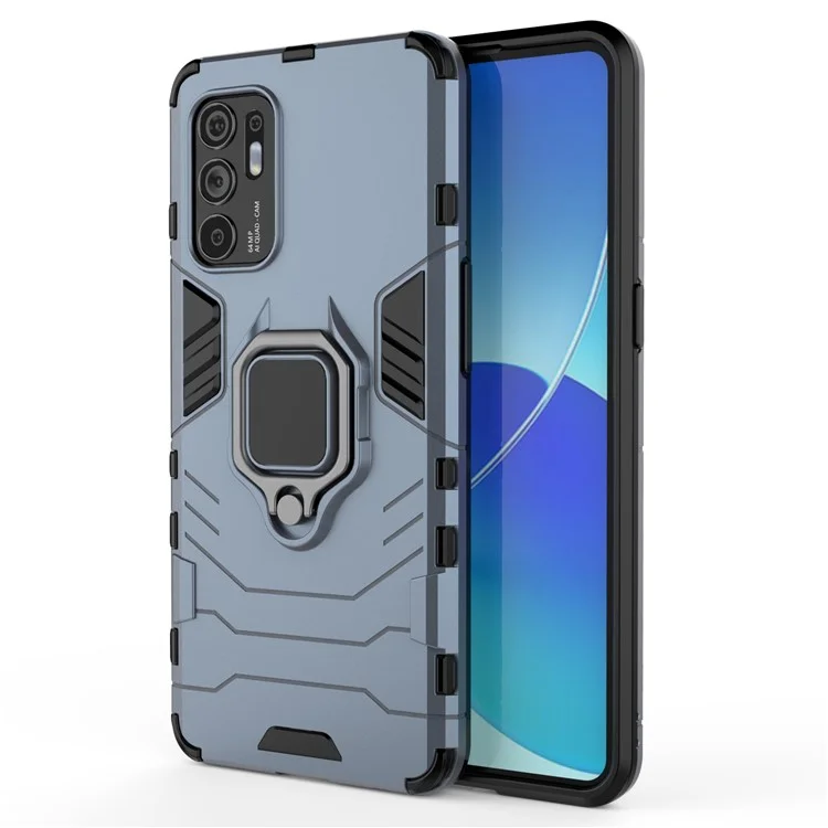 Shockproof Protection Soft TPU Bumper + Hard PC Back Case with Kickstand for Oppo Reno6 4G - Blue