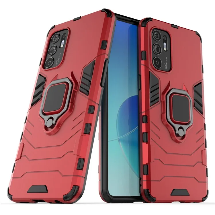 Shockproof Protection Soft TPU Bumper + Hard PC Back Case with Ring Kickstand for Oppo Reno6 4G - Red