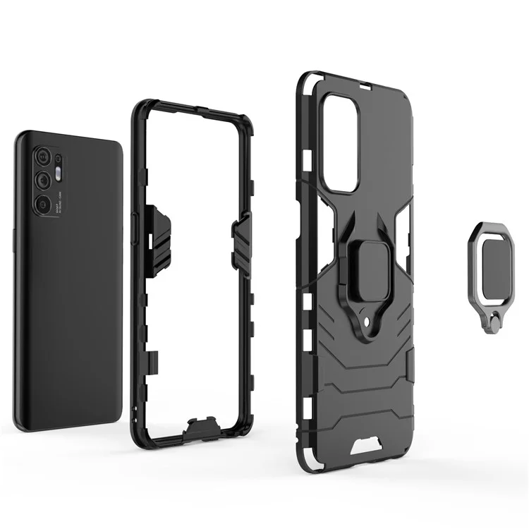 Shockproof Protection Soft TPU Bumper + Hard PC Back Case with Ring Kickstand for Oppo Reno6 4G - Red