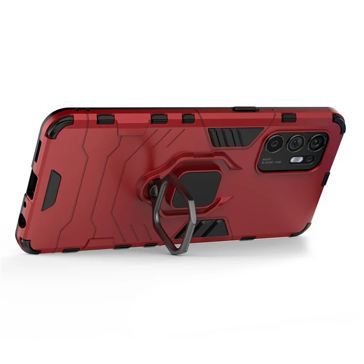Shockproof Protection Soft TPU Bumper + Hard PC Back Case with Ring Kickstand for Oppo Reno6 4G - Red