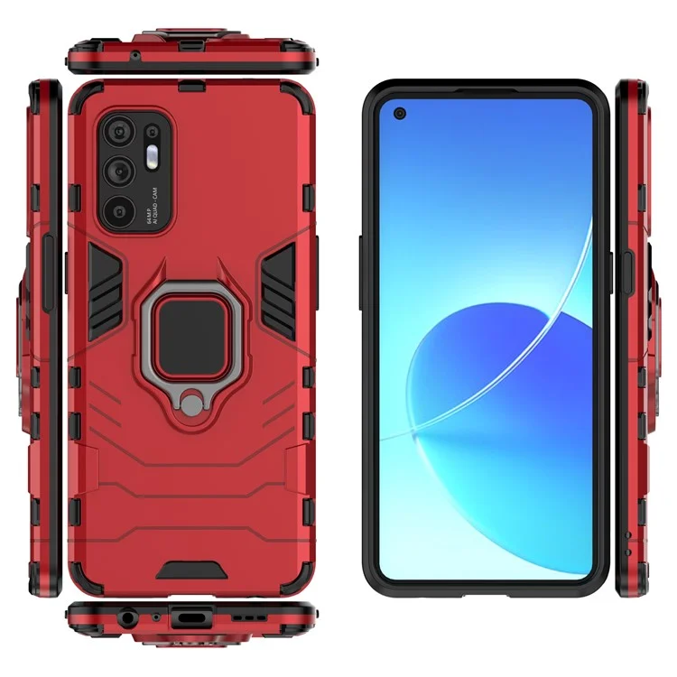 Shockproof Protection Soft TPU Bumper + Hard PC Back Case with Ring Kickstand for Oppo Reno6 4G - Red