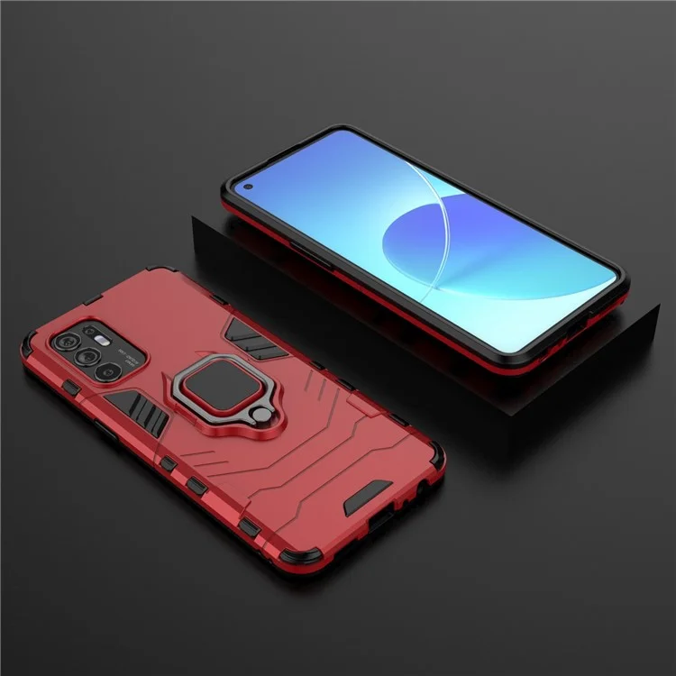 Shockproof Protection Soft TPU Bumper + Hard PC Back Case with Ring Kickstand for Oppo Reno6 4G - Red