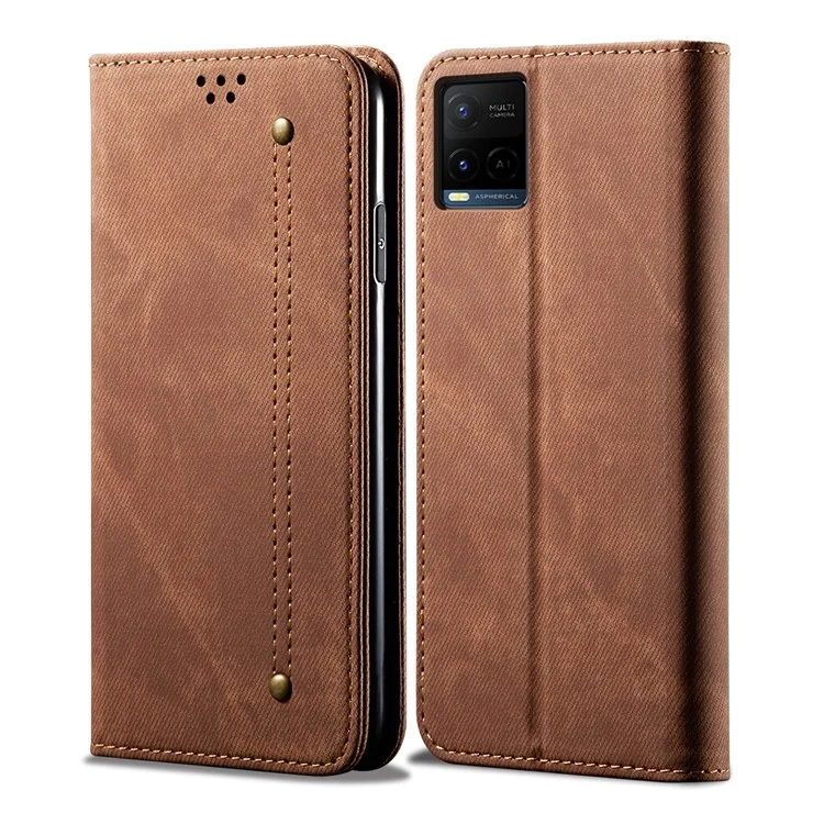 Jeans Cloth Texture Auto-absorbed Shockproof Wallet Design Full Body Protection Leather Phone Case with Stand for vivo Y21/Y33s - Marrom