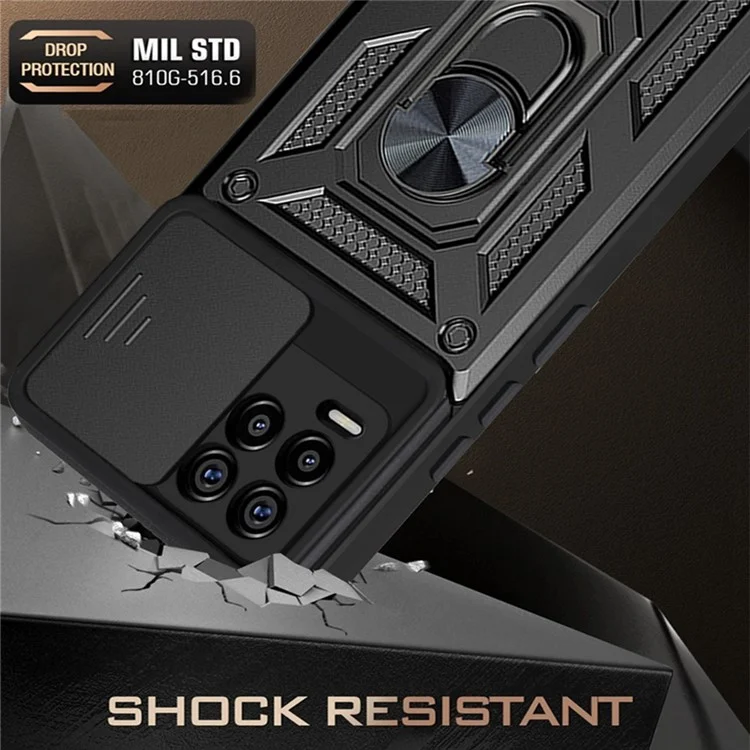 Kickstand PC + Funda Protectora de Impacto Resistente al Golpe con Protección de Lente Deslizante para Realme 8 / 8 Pro - Negro