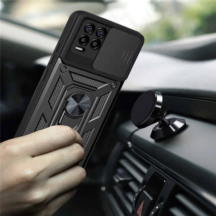 Kickstand PC + Funda Protectora de Impacto Resistente al Golpe con Protección de Lente Deslizante para Realme 8 / 8 Pro - Negro